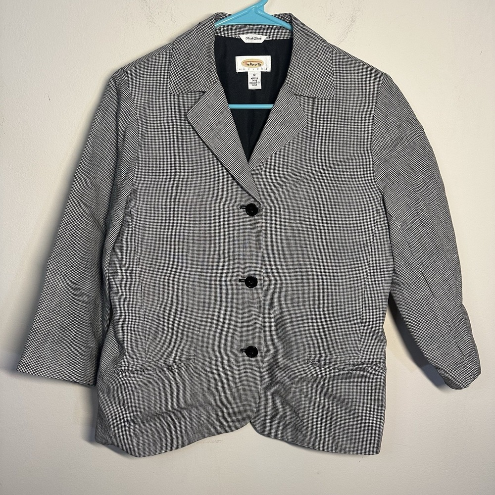 Talbots  Black‎ White Irish Linen Blazer Jacket Sz 10  Houndstooth 3/4 Sleeve
